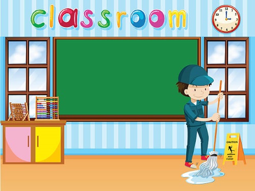 Boy mopping classroom.
